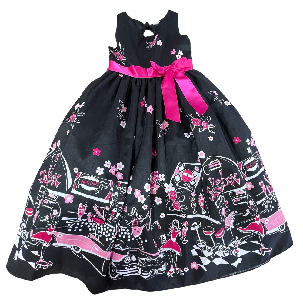 Rare Editions Girls Black Pink 50s Jukebox Floral Party Dress Size 7